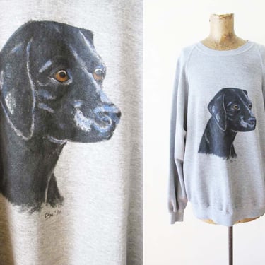 Vintage Black Lab Sweatshirt L XL - 90s Baggy Painted Labrador Retriever Dog Head Pullover Tri Blend Raglan Jumper - Dog Mom Dad Gift 