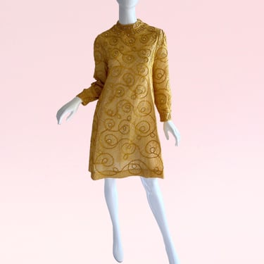 Captivating 1960s Malcolm Starr Vintage Unlabeled Gold Lame Beaded Rhinestone Party Cocktail Dress 