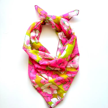 Vintage 60s 70s Neon Floral Sheer Scarf Bright Pink Flower Power 