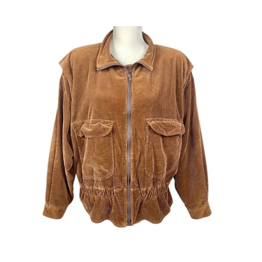 Vintage Corduroy Brown Jacket Bomber Jacket Collared Pockets Cinched Waist Shoulder Pads 