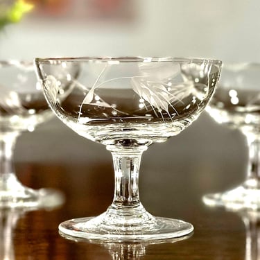VINTAGE: 7pcs - Etched Wheat Pattern Crystal Brandy Glasses - Glasses - Smooth Stem - By Noritake Sasaki - Celebrating - SKU 