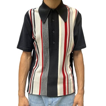 1960S Black  Grey Striped Poly Blend Knit Men's Rat Pack Polo Shirt 