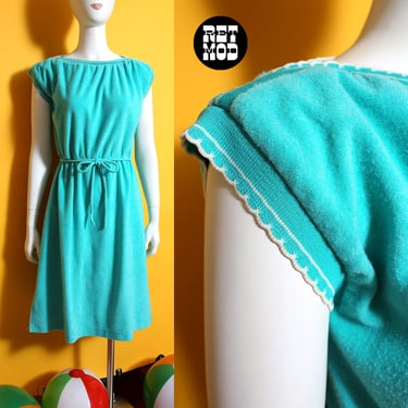Vintage 70s 80s Seafoam Turquoise Plush Terrycloth Velour Elastic Waist Dress 