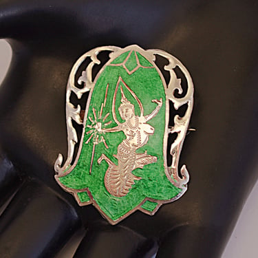 60's Siam sterling green nielloware Mekkala shield brooch, 925 silver enamel goddess flower pin 