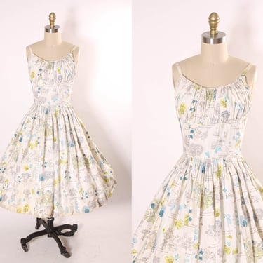 1950s Cream Spaghetti Strap Ruched Bodice Fit and Flare Waist Novelty Floral Flower Illustration Dress -XS 