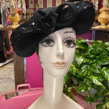 vintage 1940s black wool bicorn hat with sequins and bow, film noir, 40s fashion 