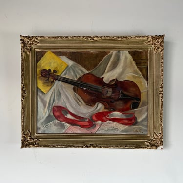 70's L. Rutkin Still Life With Violin Oil Painting, Frame 