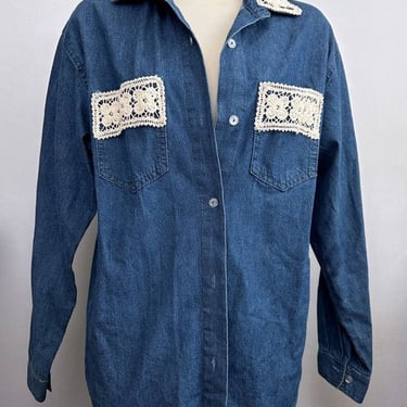 1980's Denim & Crochet Trim Shirt Button Down, Vintage Blue Jean Boho Hippie USA Oxford Blouse Top 1970's Unisex 