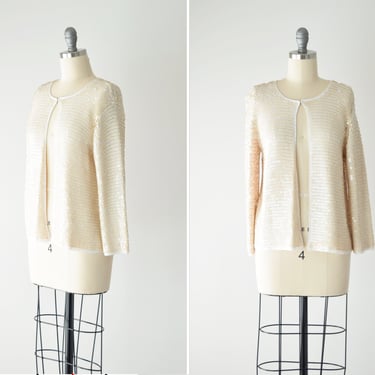 Vintage White Sequin Jacket Sm / Embellished Jacket / White Evening Jacket / Cocktail Blouse / Sequined Crop Jacket / Size Small 