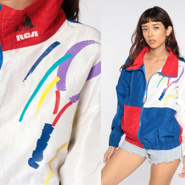 RCA Championships Windbreaker Jacket 90s Tennis Jacket Color Block Print Hipster Streetwear Vintage 1990s Red White Blue Medium Large 