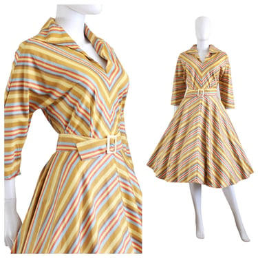Autumn Rainbow Stripe Polished Cotton Fit & Flare Dress - 1950s New Look Dress - 1950s Stripe Dress - 1950s Orange Dress | Size Med / Large 