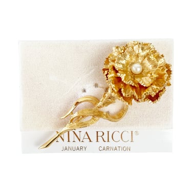Nina Ricci 1990s Vintage "January Carnation" Gold-Tone Brooch 