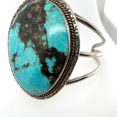 Vintage Navajo Huge Turquoise Slab Stone Cuff Bracelet Stamped Setting Signed LM 