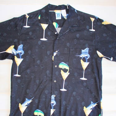Vintage 90s Martini Cocktail Shirt, 1990s Novelty Print Shirt, Bartender, Camp, Hawaiian, Vacation, Tropical Fish, Button Up 