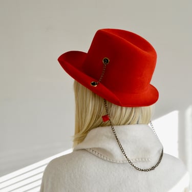 red wool fedora with gold chain 