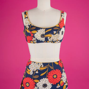 Vintage 60s Sears Sea Stars Flower Power Two-Piece Bikini Swimsuit Skirt Set 