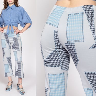 Sm-Med 70s Blue Patchwork Print Pants 26"-30" | Vintage High Waisted Retro Kick Flare Trousers 