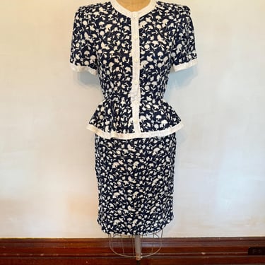 Navy and White Floral Print Suit Set - 1980s 