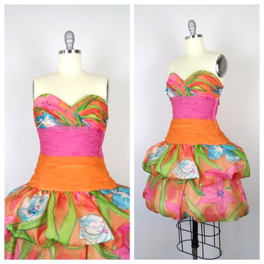 Vintage 1980s silk floral dress cocktail party bubble hem skirt strapless evening formal dressy 