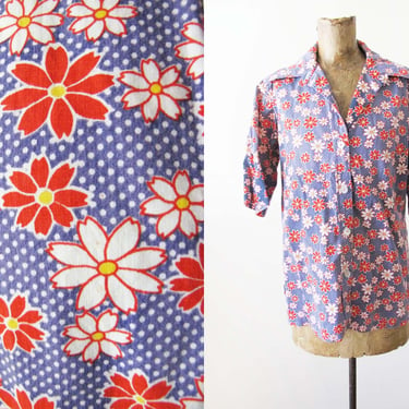 Vintage 70s Floral Print Button Up M - Blue Red Flower Polka Dot Print 1970s Shirt 