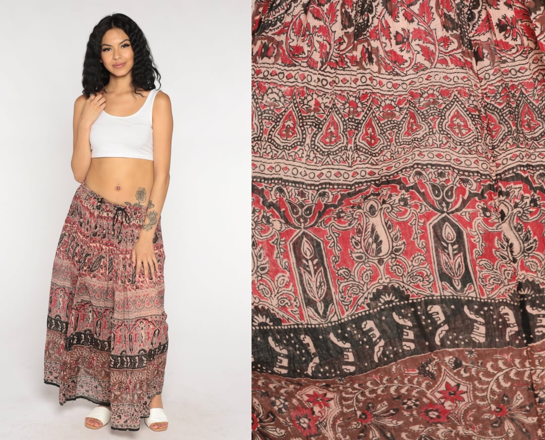 Indian Floral Maxi Skirt 90s Broomstick Skirt Red Hippie Bohemian Shop Exile Tucson AZ