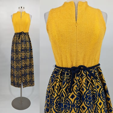 Vintage Seventies Loungewear by Gossard XS Terry Cloth Yellow Blue Sleeveless Hostess House Coverup Dress 