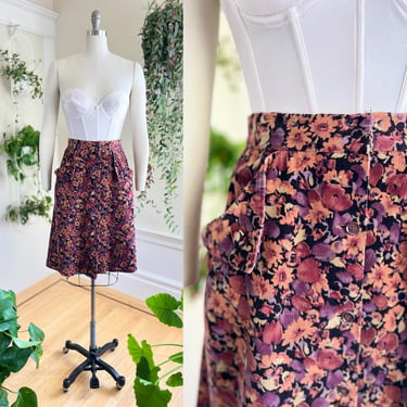 Vintage 1970s Skirt | 70s Corduroy Floral Autumn Fall Print A-Line Button Down Skirt with Pockets (medium) 