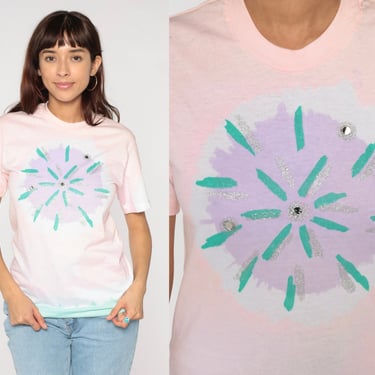 Tie Dye T Shirt 90s Pink Tee Hippie Painted Starburst Top Festival 1990s Vintage Sun Pastel Tshirt White Extra Small xs 