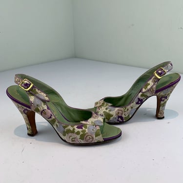 The Riviera How Refreshing - Vintage 1950s Lilac & Violet Floral Coated Leather Slingback Shoes Heels - 6S 