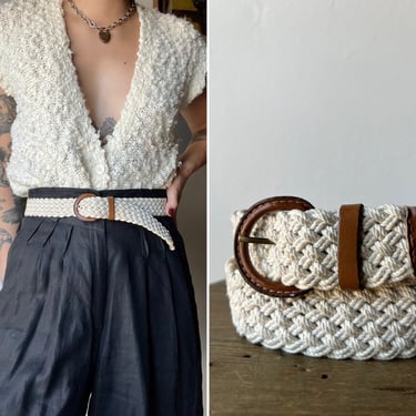White Macrame and Leather Belt (all sizes up to 34&quot;W)