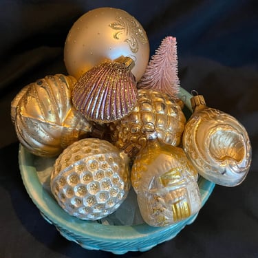 vintage Christmas ornaments gold German blown ornaments indents mica 