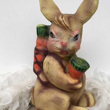 Paper Mache Bunny Rabbit Statue, Easter Bunny With Carrot In Backpack, Holding Carrot, Easter Decor, 12.5
