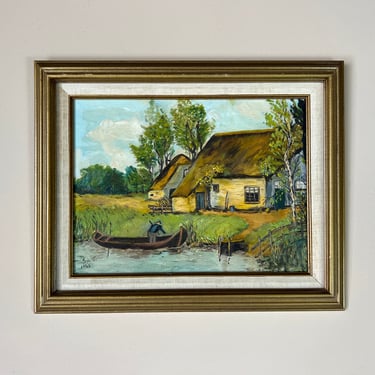 1960's Syc G. Impressionist Lakeside Cottage Landscape Oil Painting, Framed 