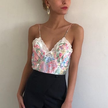 90s satin camisole / vintage watercolor pastel pink floral pleated silky satin lace trim cami camisole | Small 
