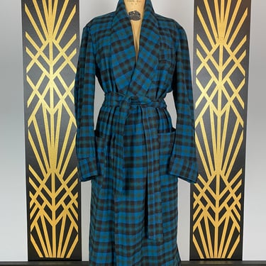 1950s wool robe, Pendleton, vintage housecoat, smoking jacket, blue and green plaid, tartan, tie waist, shawl collar, mens, menswear, winter 