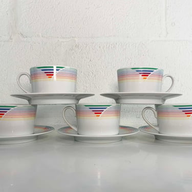 Vintage Mid Century Rainbow Teacup Saucer Set of 5 Japan 1980's Stripe Porcelain Mugs China 1980s 80s Saucers Coffee Mug 