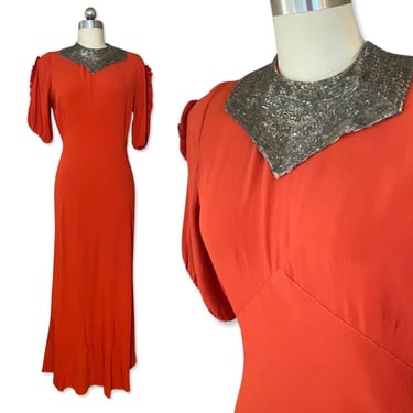 1930s bias cut dress, vintage 30s rayon crepe beaded gown S/M, Carnelian depression era gown, antique clothing womens M 6-8 