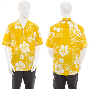 1970's Lavin's Yellow and White Floral Print Tiki Shirt Size L