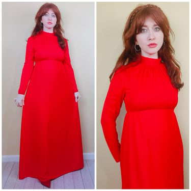 1970s Vintage House of Bianchi Red Knit Maxi Dress / 70s / Seventies Empire Waist Long Sleeve Gown / Size Medium - Large 