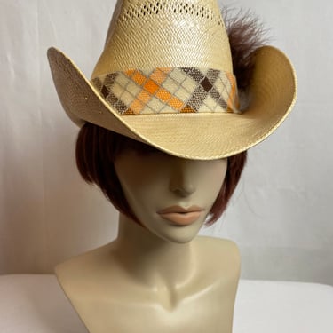Vintage Stetson 70’s straw cowboy hat colorful plaid band with feather Rodeo western wear summer hat smaller size 71/8 