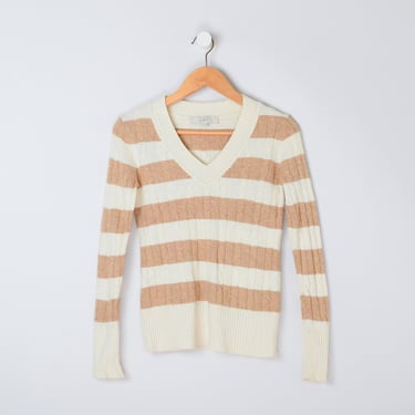 Vintage Y2k Tan & Cream Striped Cable Knit Fitted Sweater - beige, v-neck, 2000s - Women's XS 