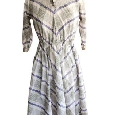 50s Day Dress Gray Plaid Print / Medium 