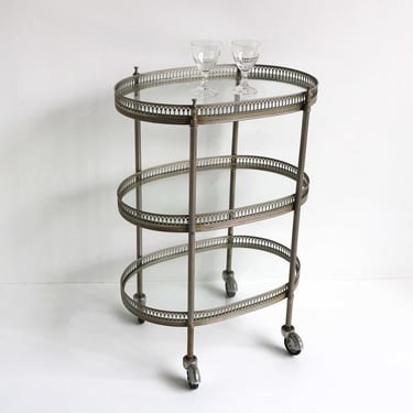 Small Mid century Silvery Metal Oval 3 Tier Bar Cart Silver Tiny Tea Cart Cocktail Cart Additional Table Side Table Display Cart Glass 50s 