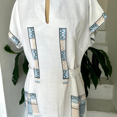 1920s Cotton Antique Hand Embroidered Deco Era Arts and Crafts Dress Bust 41” Vintage 