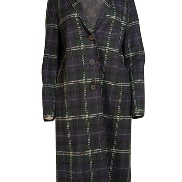 Harris Wharf London - Green, Navy, and White Plaid Wool Midi Overcoat Sz 8