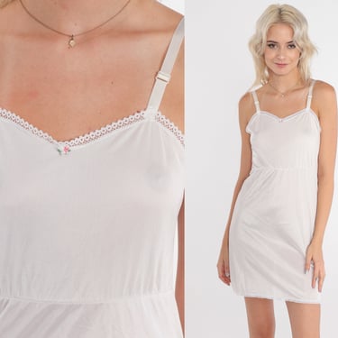 White Slip Dress 90s Lingerie Nightgown Mini Dress Semi-Sheer Lace Trim Empire Waist Adjustable Spaghetti Strap Vintage 1980s Extra Small xs 