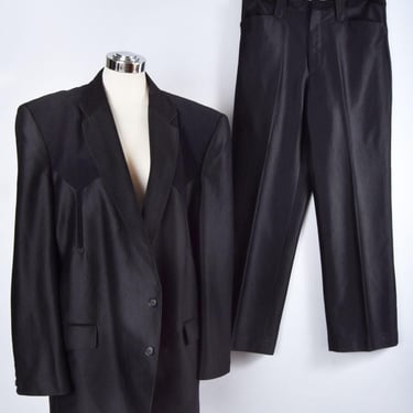 Black WESTERN SUIT Men's Buffalo Country, 40R, Pants & Jacket, 34, Pearl Snaps, Vintage 1990's Trousers, Set, Cowboy 