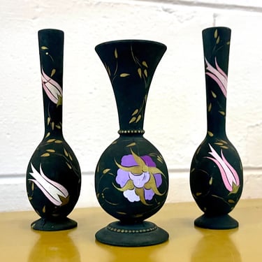 Vintage Set of Three Handpainted Hand Turned Black Ukrainian Vases 