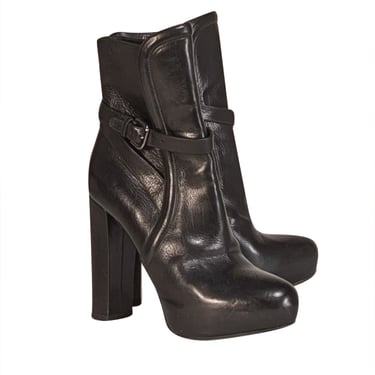 Prada - Black Leather Buckle Ankle Detail Short Boots Sz 9.5