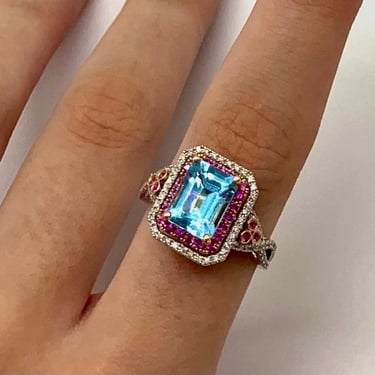 Blue Topaz, Pink Sapphires, Diamonds, 14K White Gold Ring, size 6.5 